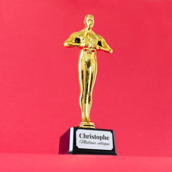 Statuette dorée Golden Award sur socle noir avec plaque gravée « Christophe, meilleur collègue »