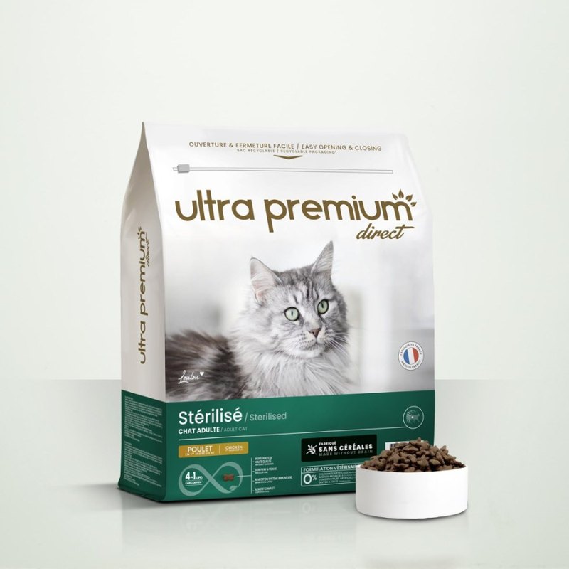 Sac de croquettes Ultra Premium Direct sans céréales pour chat stérilisé, avec un bol de croquettes