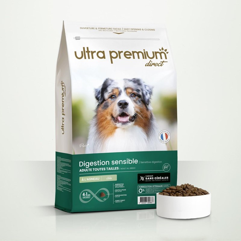 Sac de croquettes Ultra Premium Direct sans céréales Digestion sensible pour chien adulte, avec un bol de croquettes