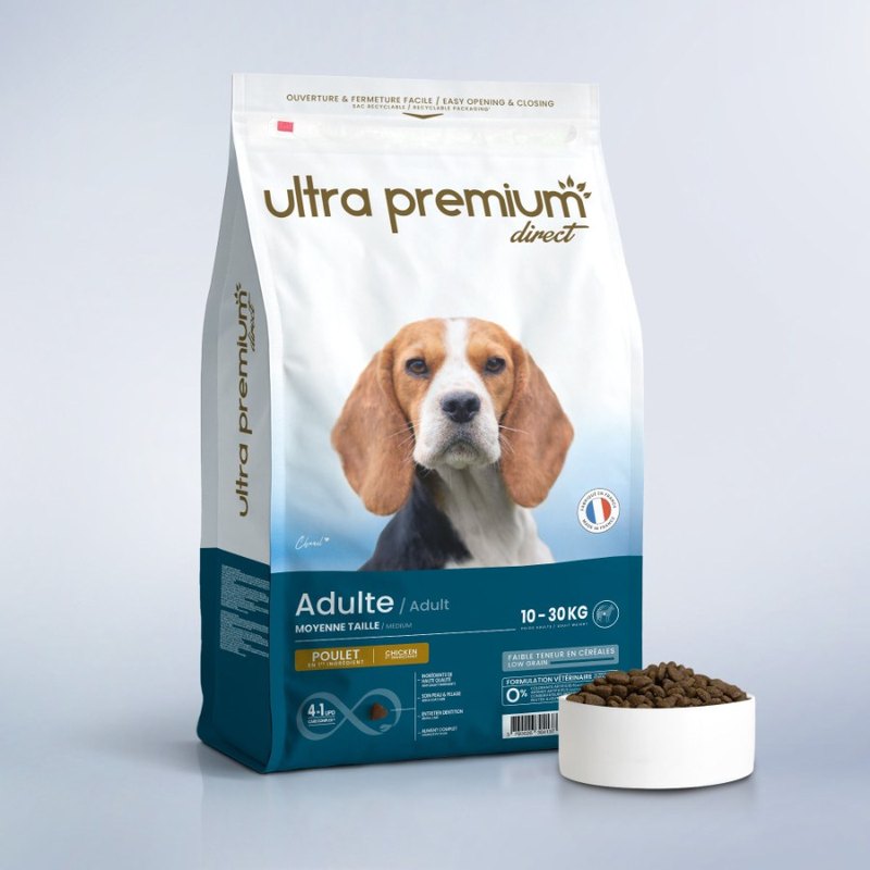 Sac de croquettes Ultra Premium Direct Super Premium pour chien adulte de taille moyenne avec un beagle sur l'emballage